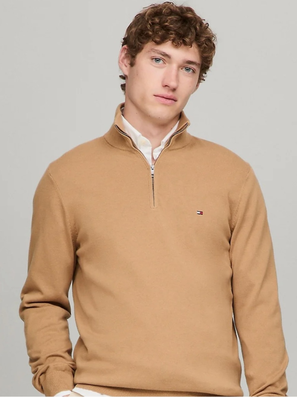 Tommy Hilfiger Men’s Zip-Neck Sweater in Camel Tan